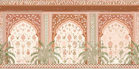 Intricate mughal architectural facade with floral motifs and palm fronds in muted earthy tones © Sunil123
