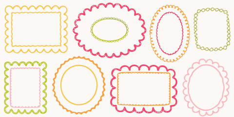 Collection of colorful hand drawn decorative frames and borders with scalloped edges for design elements