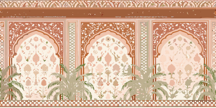 Intricate mughal architectural facade with floral motifs and palm fronds in muted earthy tones