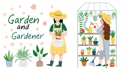 Charming illustration of two women tending to plants in a garden and greenhouse setting