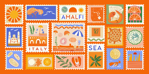 Collection of charming illustrated postage stamps depicting amalfi coast italy travel and summer vacation themes
