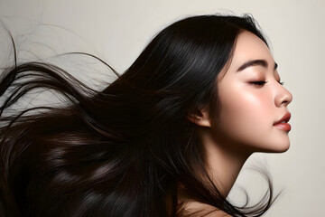 Naklejka premium A woman showcases her long, flowing hair, captured in a serene and elegant portrait.