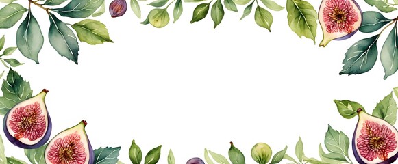 Elegant fig and leaves illustration. Delicate fig artwork with white background. Artistic watercolor fig frame for invitation. Decorative fig border with empty text space.