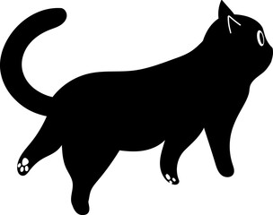 A black cat silhouette stands on a white background