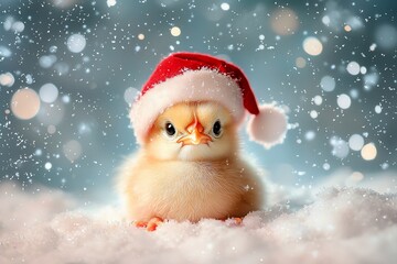 Cute chick in Santa hat, snow (1)