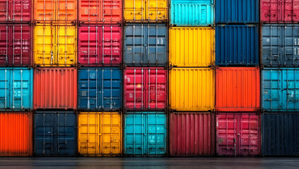 Fototapeta premium Colorful shipping containers stacked in an industrial setting, showcasing logistics.