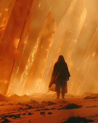 A lone figure stands before a stunning display of towering, crystalline structures