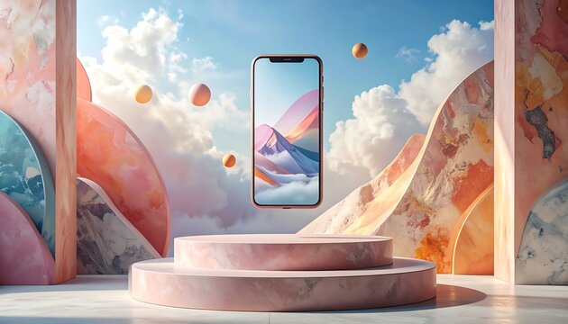 Smartphone mockup floating above a podium with abstract shapes. High-quality phone mockup templates to showcase apps, UI designs, and websites. Realistic, modern