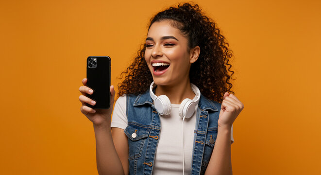Joyful young woman reacts with excitement to mobile phone content, celebrating a win with headphones ready for music