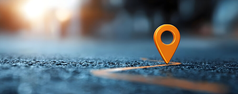 An orange location pin on a blurred street, symbolizing navigation and direction.