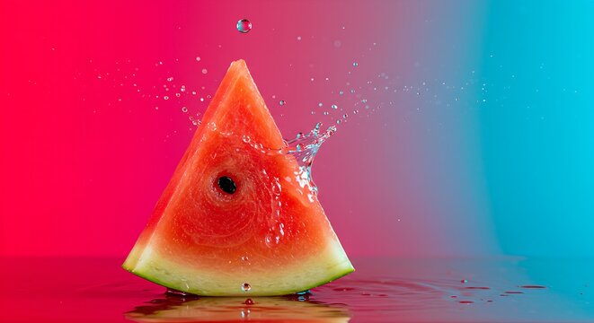 a slice of watermelon with a drop of water falling onto its surface creating a small splash.The watermelon is on a bright background with clean lighting emphasizing its freshness. 