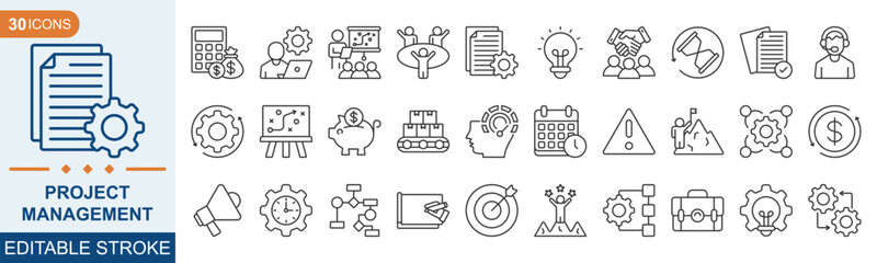 Project Management icon set. Growth, goal, featuring management, planning, risk, marketing, production and more. Illustration eps 10