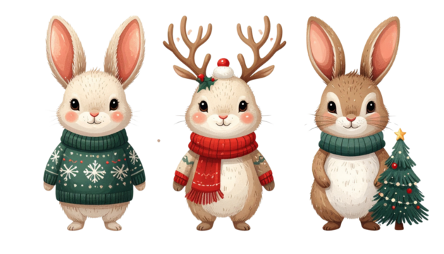 Festive holiday bundle of three adorable bunny characters isolated on transparent background