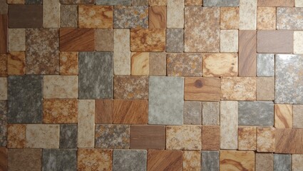 A detailed view of a mosaic tile wall featuring various shades of brown, beige, and gray rectangular pieces, creating a textured and visually appealing design.