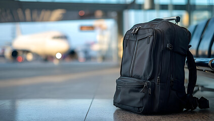 Obraz premium A sleek black backpack rests in an airport terminal, ready for travel adventures.