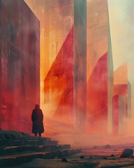 A lone wanderer stands before colossal, glowing monoliths in a hazy, red alien desert landscape