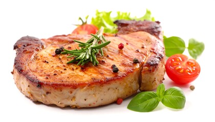 Grilled pork chop with rosemary herbs and fresh vegetables isolated on a white background.