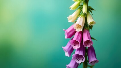 A cluster of bell-shaped flowers in pastel shades of pink and white, cascading downward against a soft teal backdrop, creates a serene and delicate floral composition.
