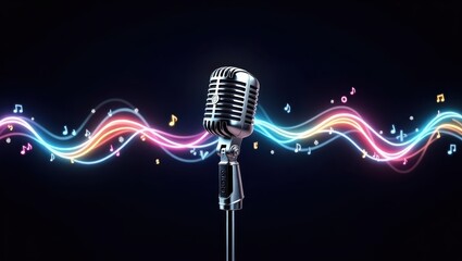A vintage microphone stands amidst a vibrant display of glowing musical notes, evoking a feeling of performance and passion.