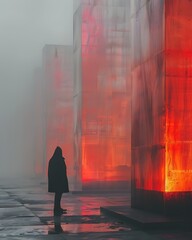 Ethereal Encounter A Solitary Figure Amidst Glowing Structures in Fog