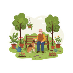 Happy senior man relaxing on a park bench with his dog surrounded by lush greenery and flowers
