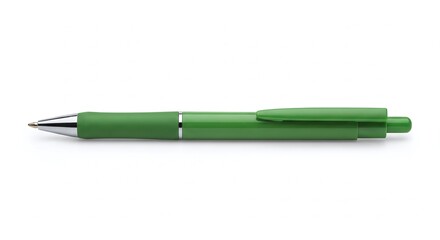 Green Ballpoint Pen Laying Down, Isolated on White Background