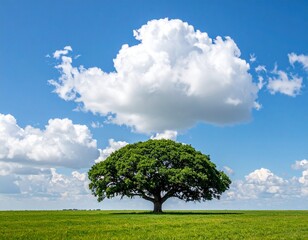 Fototapeta premium 푸른 초원 위에 서 있는 장엄한 나무 Majestic Tree Standing on a Green Meadow