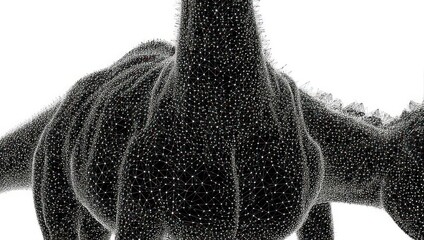 Abstract 3D black and white interconnected network of dots and lines representing data, technology, and digital innovation