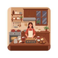 Happy woman baking chocolate chip cookies in cozy kitchen winter scene