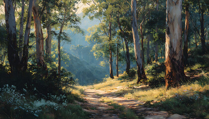 Fototapeta premium sunlit trail through eucalyptus forest tall trees and green undergrowth bathed in warm light creating serene natural scene
