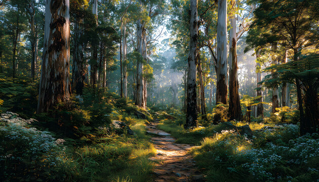 sunlit trail through eucalyptus forest tall trees and green undergrowth bathed in warm light creating serene natural scene