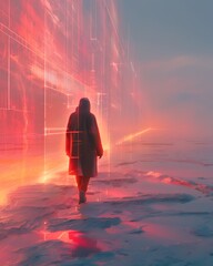 Woman Walking Towards Glowing Futuristic Wall in a Snowy Landscape