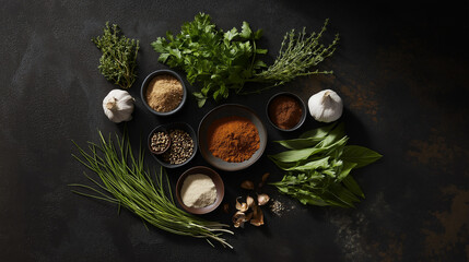 chef. Assortment of fresh herbs and spices artistically displayed on a dark textured surface. menu design, packaging mockups, designed for food delivery and cloud-kitchen brand materials.