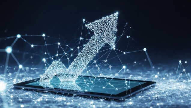 Digital growth represented by rising arrow emerging from tablet screen, symbolizing business progress, innovation and success