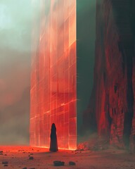 Silhouette of a Figure Before a Glowing Red Monolith in a Desolate Landscape