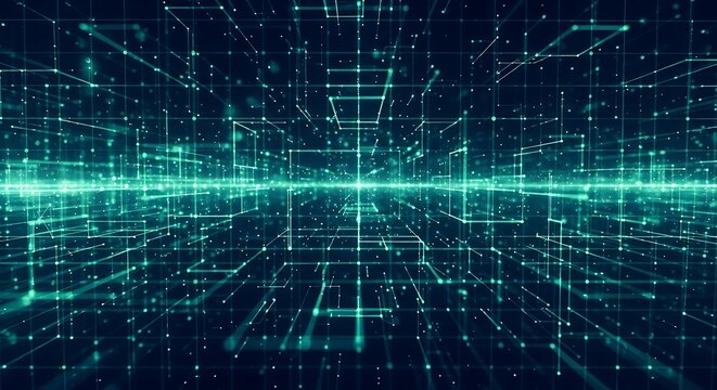 Abstract digital network visualization with glowing teal lines and dots forming a gridlike structure in a dark, futuristic cyberspace, representing data flow, connectivity, and artificial intelligence