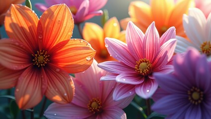 A close-up view of vibrant, colorful flowers, bathed in sunlight, showcasing delicate petals and morning dew drops.