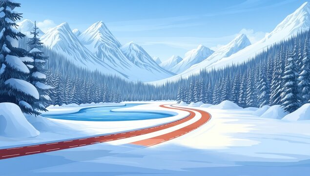Snowy mountain vista with red winter road