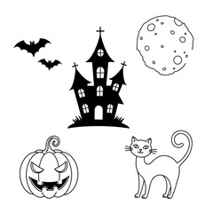 A minimalist Halloween grid featuring the moon, a haunted house silhouette, a sinister jack-o'-lantern, and a spooky black cat—each icon bold and iconic for festive designs.