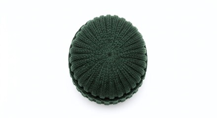 Dark Green Knit Beanie Hat Viewed from Above, Isolated on White Background