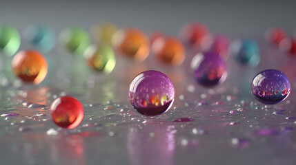 Iridescent Glass Marbles Scattered on Shiny Metallic Surface – Macro Color Play • Glossy Rainbow Marbles Reflecting Light in Dreamy Bokeh Background • Vibrant Crystal Balls in Soft Focus for Minimalis