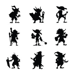 Collection of diverse goblin silhouettes in black and white isolated on white background
