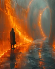 Mysterious silhouette of a person standing in a futuristic corridor illuminated by walls of liquid fire and digital light