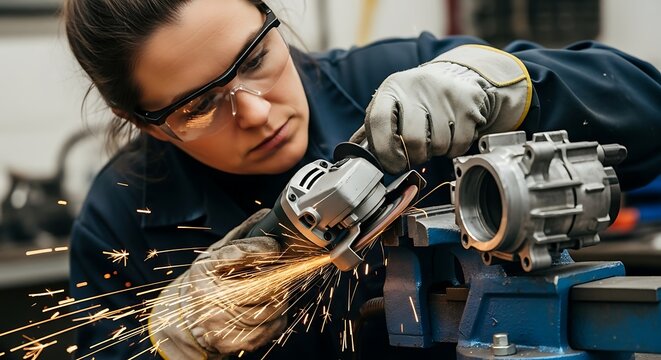 Focused woman using an angle grinder, creating sparks in a workshop environment.