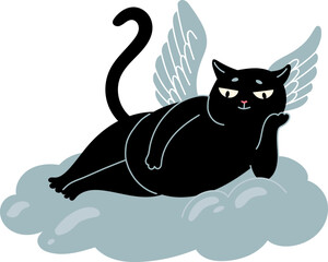 A black cat with wings reclines on a cloud
