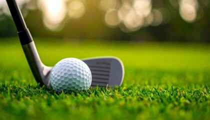 Close-up view of a golf club and golf ball on lush green grass, ready for a precise swing; perfect outdoor sport shot highlighting golf equipment, focus, and athletic leisure activity