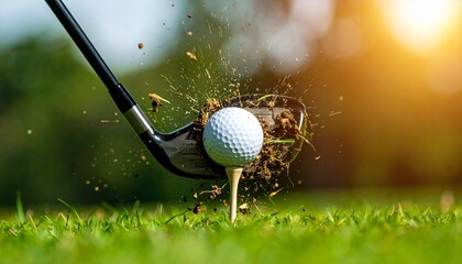 Close up low-angle view of a golf club about to hit the golf ball on a lush green fairway, capturing precision, focus, and athletic motion in a cinematic, dramatic sports shot