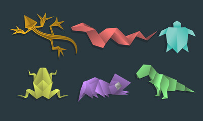 Colorful Origami Reptile Collection – Lizard, Snake, Turtle, Frog, Chameleon, Dinosaur Illustration
