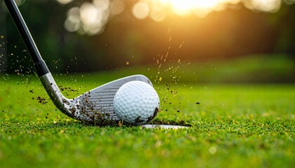 Close up low-angle view of a golf club about to hit the golf ball on a lush green fairway, capturing precision, focus, and athletic motion in a cinematic, dramatic sports shot