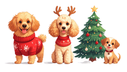 Festive holiday bundle of three adorable dog characters isolated on transparent background